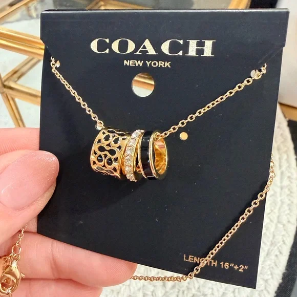 Coach Gold and White with black rhinestones Ring Pendant Necklace - NWT - Picture 3 of 8